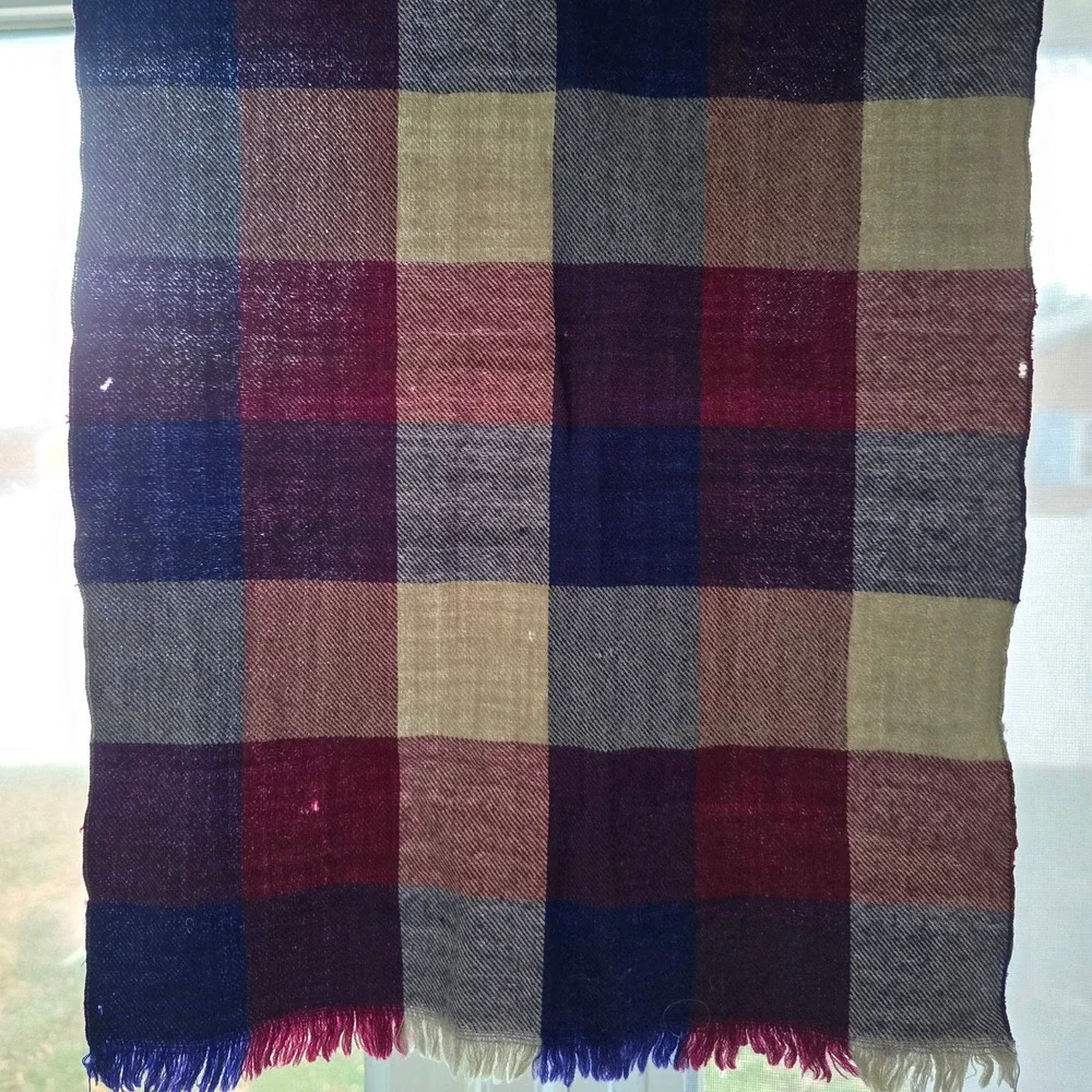 Vintage Men's Plaid Scarf Navy Maroon Checkered Fringe 1970s Winter Warm